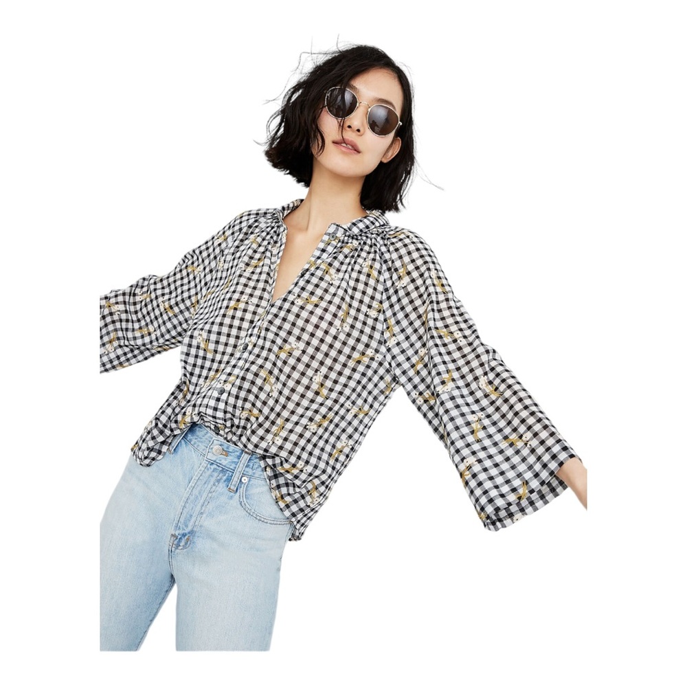 Madewell Daisy Sketch Embroidered Raglan Peasant Shirt in Gingham